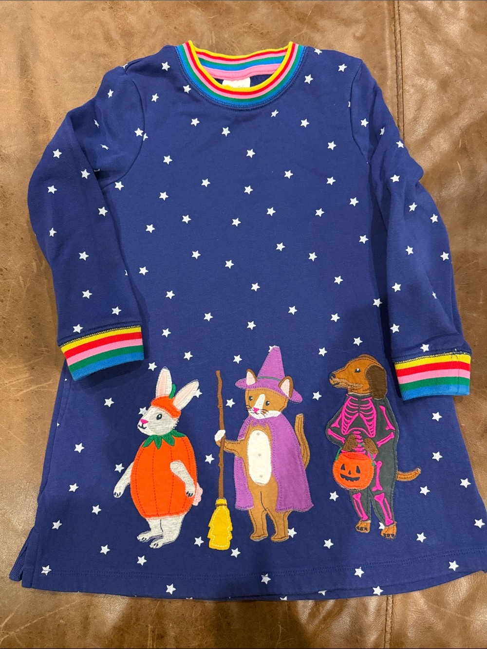 Mini Boden Blue Starry Halloween Dress with Rainbow Trim & Appliqués